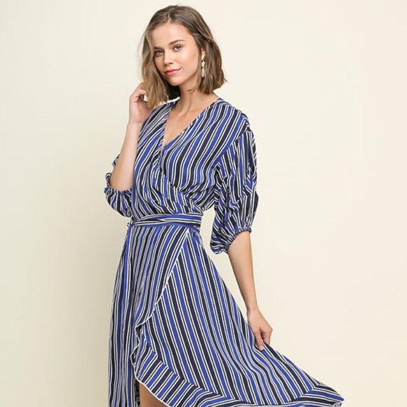 Umgee Dresses & Skirts - NWT Umgee Striped Gathered Puff Sleeve Wrap Dress